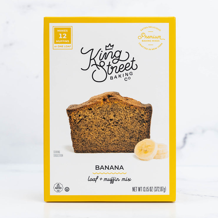 Front of the yellow box of King Street Baking Co.'s Banana Loaf and Muffin Mix.