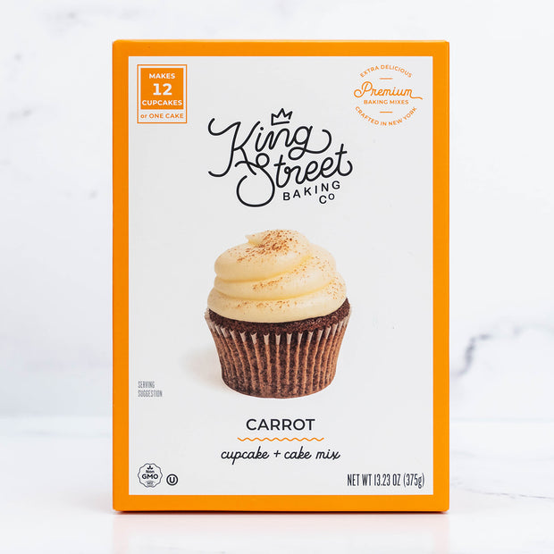 Front of the orange box of King Street Baking Co.'s Carrot Cupcake and Cake Mix.