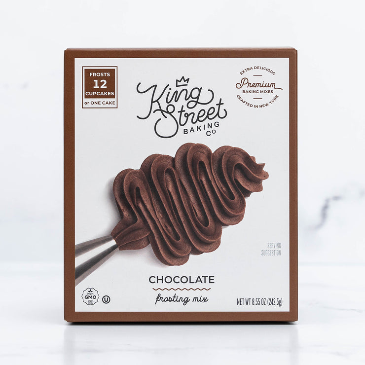 Front of the brown box of King Street Baking Co.'s Chocolate Frosting Mix.