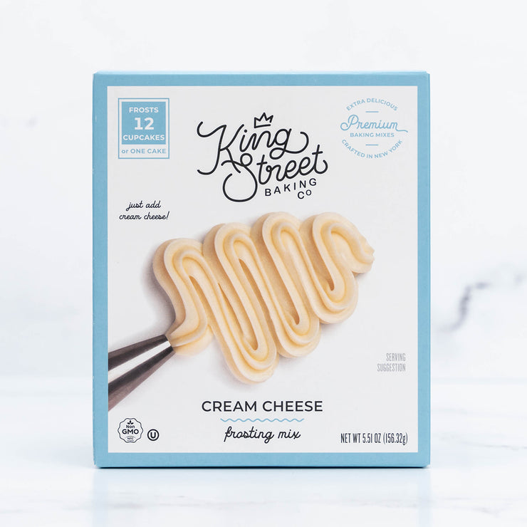 Front of the blue box of King Street Baking Co.'s Cream Cheese Frosting Mix.