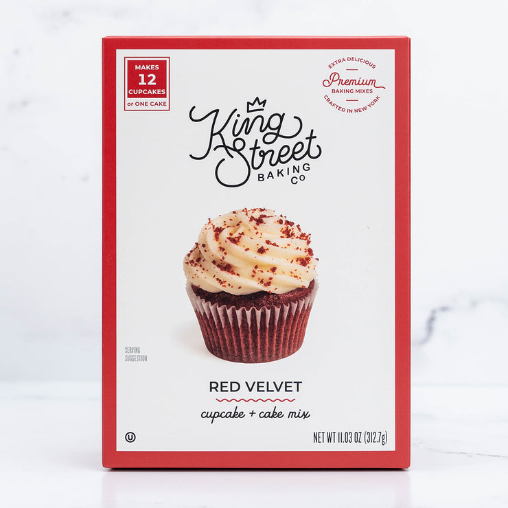 Front of the red box of King Street Baking Co.'s Red Velvet Cupcake and Cake Mix.