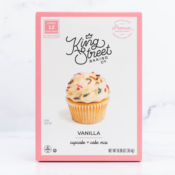 Front of the pink box of King Street Baking Co.'s Vanilla Cupcake and Cake Mix.