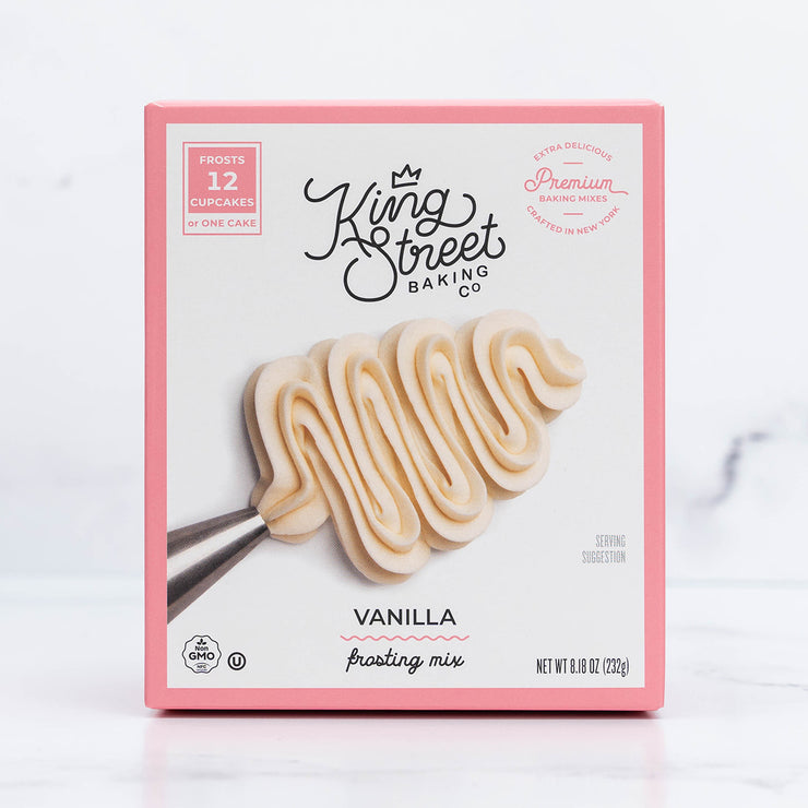 Front of the pink box of King Street Baking Co.'s Vanilla Frosting Mix.
